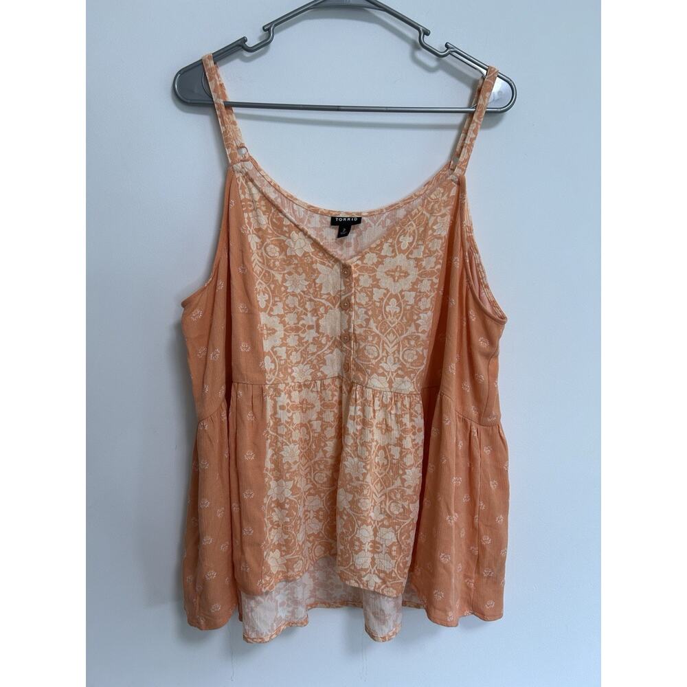 Torrid Tank Top Boho Festival Button Camisole Orange Floral Size 2 Ruffle